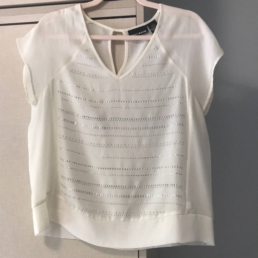 DKNY JEANS beaded/studs front white/cream blouse, size S.